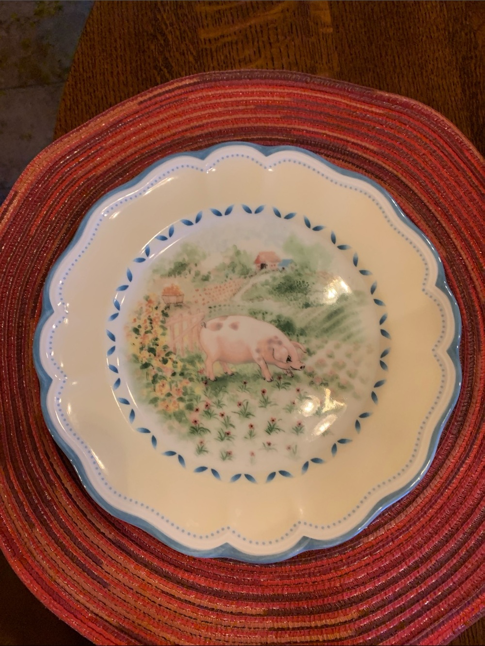 Cream and Blue Farmyard Pig Decorative Plate by